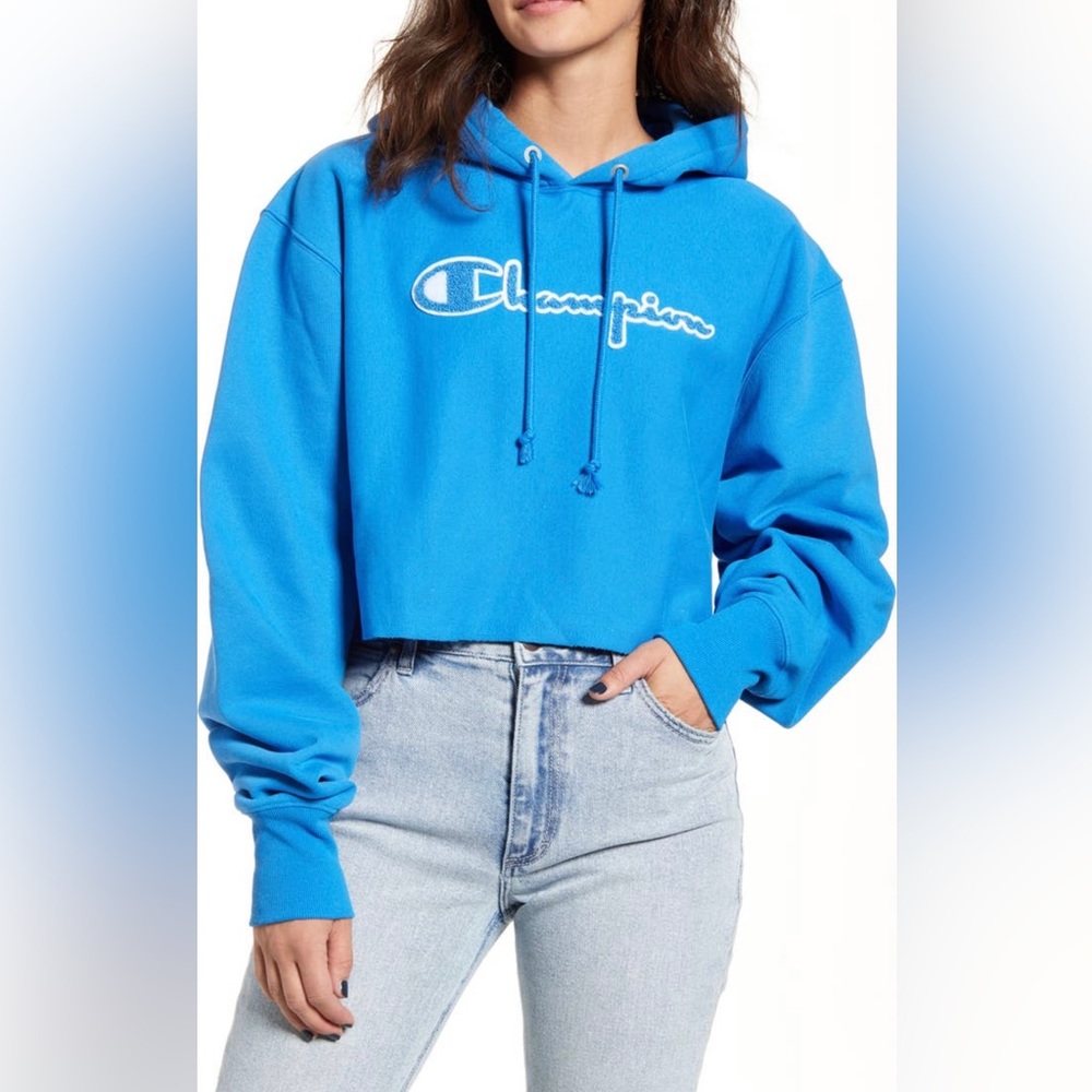 Champion Reverse Weave Chenille Logo Crop Hoodie blue size Small